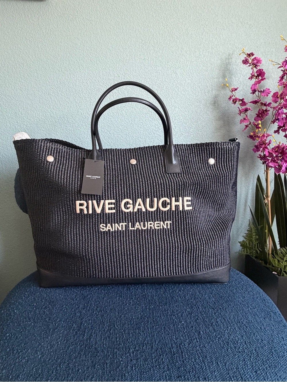 Saint Laurent Rive Gauche Black Raffia Large Tote
